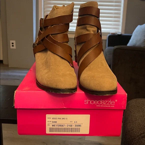 Shoe Dazzle Sand Suede Boots with Brown Straps - Picture 2 of 5